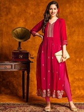 Pink Kurta Embroidered Women Kurti Yoke Indian Top Ladies Tunic Dress