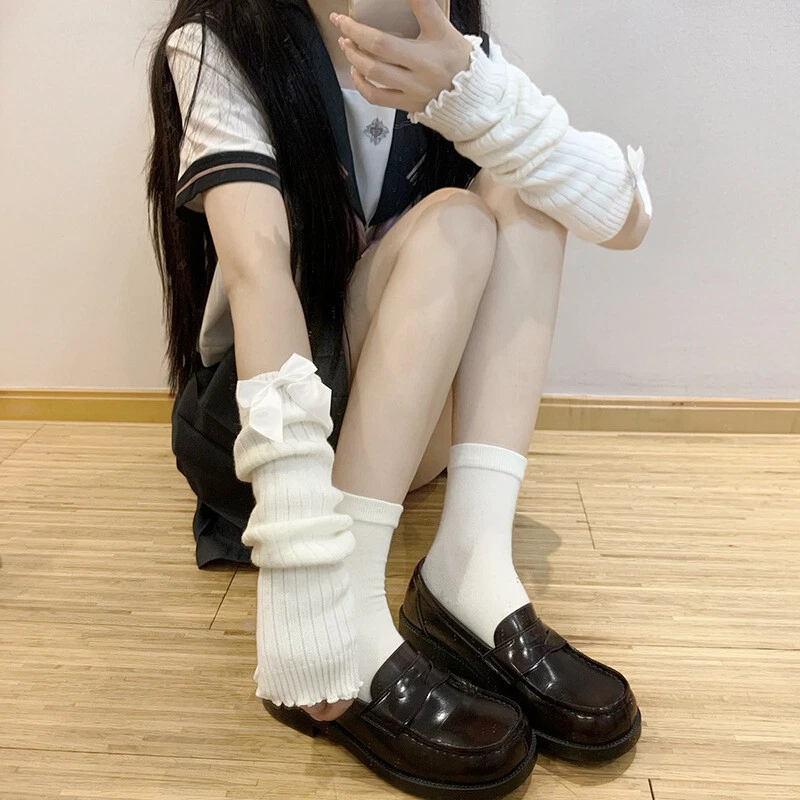 Women Girl Winter Warm Leg Warmers Cable Knitted Crochet Long Bubble Socks w Bow - Image 4 of 4