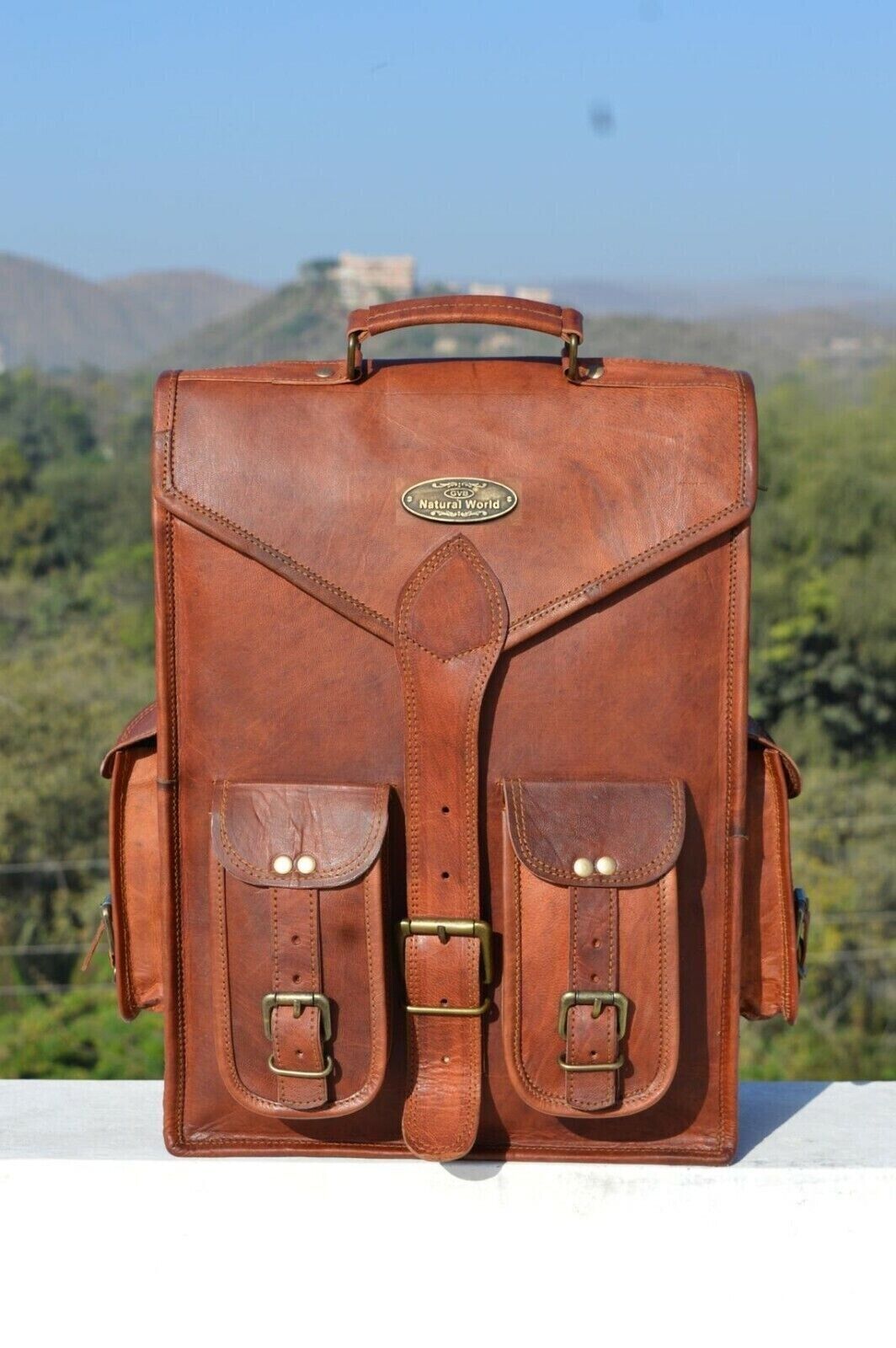 Men's Large Top-Quality Handmade Brown Leather Backpack Rucksack Bag Travel