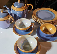 Japanese Blue Gold Tea Set Teapot Sugar Bowl Cups Saucers Plates