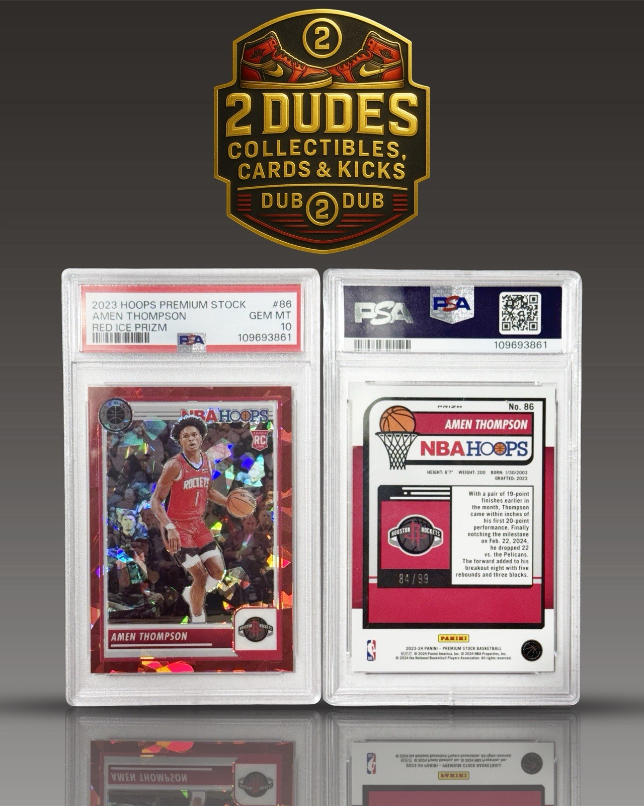 AMEN THOMPSON 2023 HOOPS PREMIUM STOCK #86 RED ICE PRIZM /99 ROOKIE [RC] ROCKETS