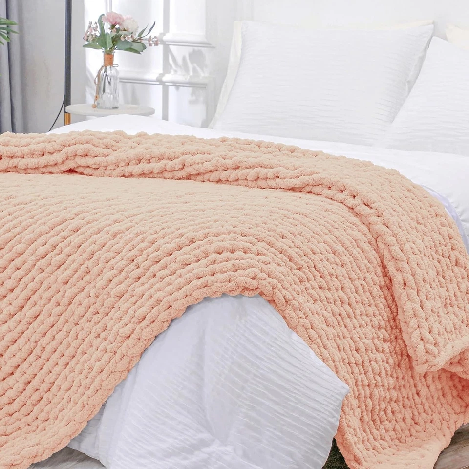 Large Chunky Knit Blanket, Peach Fuzz - Image 3 of 4