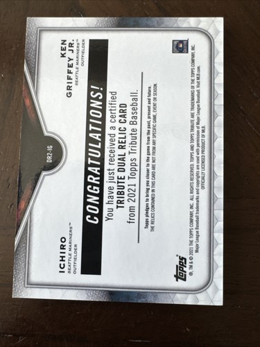2021 Topps Tribute Ken Griffey Jr. And Ichiro Suzuki Dual Relic Purple /50 Rare - Picture 5 of 5