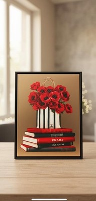 Red Chanel Inspired Flower Bag & Fashion Books Canvas Wall Art by Instinct Style
