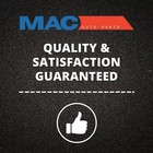 Black MAC Auto Parts banner with blue text, red stripe, and white circle thumbs up icon on asphalt background.