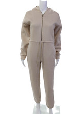 Zara Women's Hood Long Sleeves Half Zip Tapered Leg Jumpsuit Beige Size S
