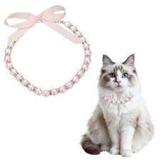 Cat Collar Pearl Necklace 15" Dog Pearl Necklace Collar with Bow Light Pink L