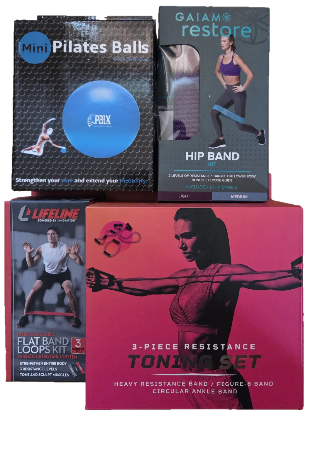 Bundle of Exercise Resistance Strength Cords Bands and Pilates Ball - 9 Total