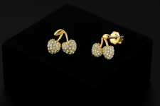 9ct Yellow Gold & Silver Cherry Stud Earrings with Hand Set Pave Zircon  10 mm