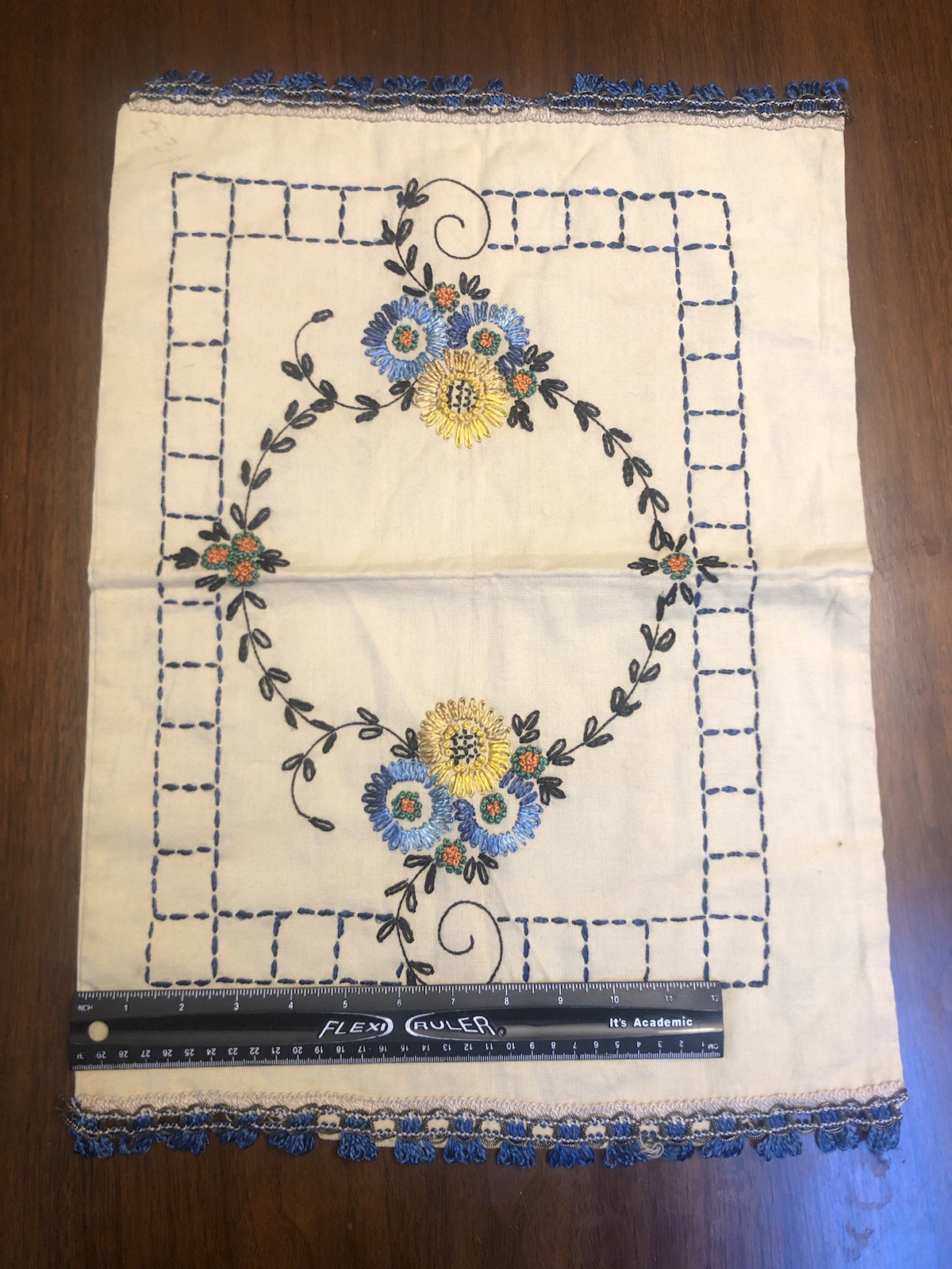 Vintage Embroidered Dresser Scarf Or Table Runner, Blue On Cream, 15 X 21”