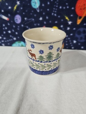 BOLESLAWIEC Polish Pottery Coffee Mug Reindeer Deer Pine Trees Snow Flake Winter