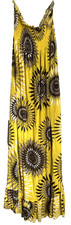 Voila Maxi Dress Women L Yellow Brown Sunburst Print Smocked Boho Viscose Ruffle