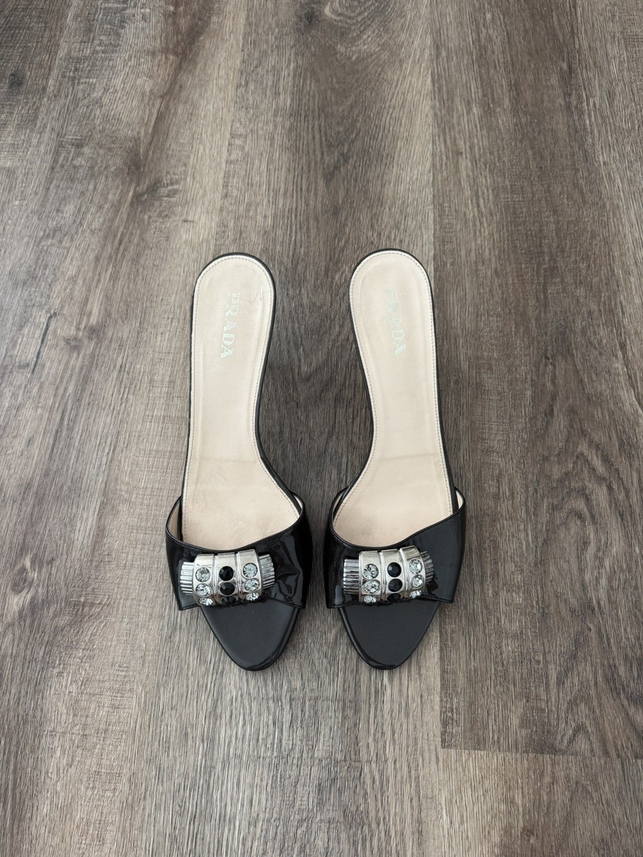 Vintage Prada Crystal Patent Leather Kitten Heel Mules - Size 41