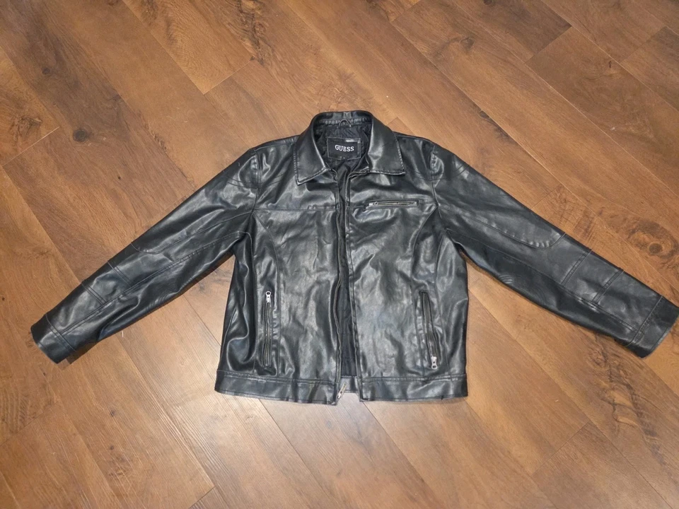 GUESS Mens Moto Biker Jacket Sz Large Black Faux Leather Full Zip - Image 2 of 4