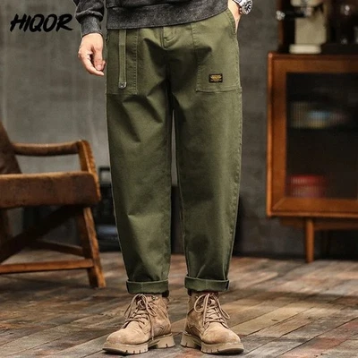 HIQOR Herren Cargohose Loose American Vintage Army Green High Waist Hose