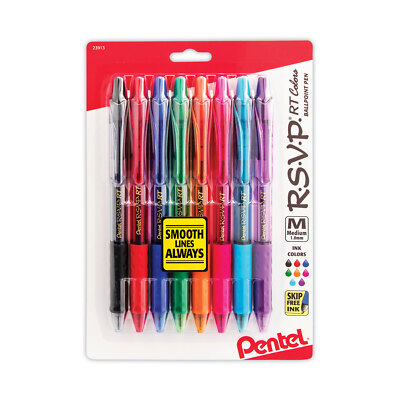 Pentel R.S.V.P. RT Retractable Ballpoint Pen, 1mm, Clear Barrel, Assorted Ink, 8