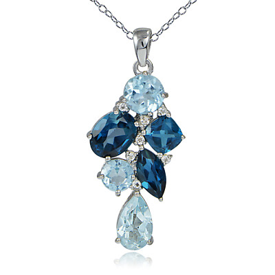Sterling Silber London Blau, Blautopas und Weißtopas Ton Cluster Halskette
