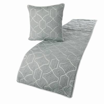 Decorative King Bed Runner Blue Gray, Quilted Embroidery Linen - Atmosphere