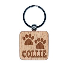 Collie Dog Paw Prints Fun Text Engraved Wood Square Keychain Tag Charm