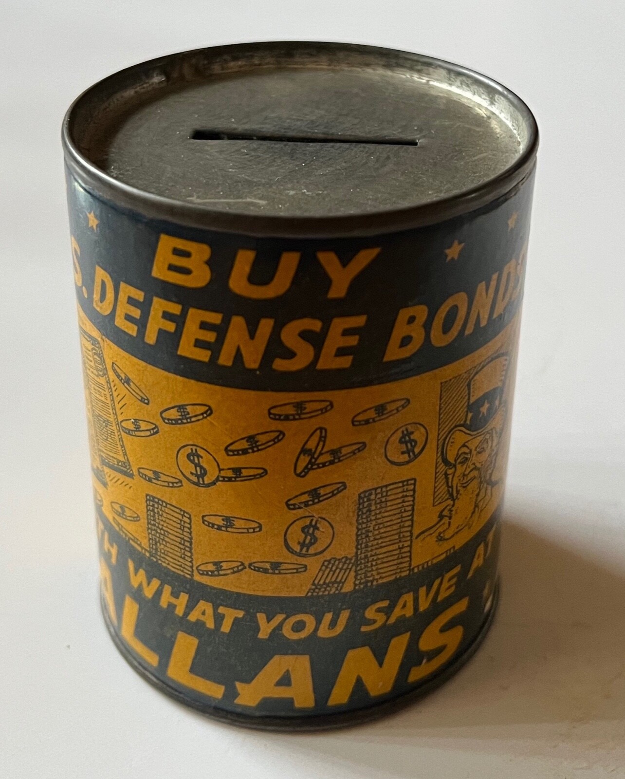 Allan's Shoes Piggy Bank Can WWII Homefront Buy Defense Bonds
