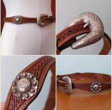 Vintage Tony Lama Leather Belt Sz 32 Brown w/ Silver Conchos Medallions 5026L
