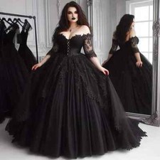 Black Wedding Dresses Lace Applique Corset Gothic Bridal Ball Gowns Back Lace-Up