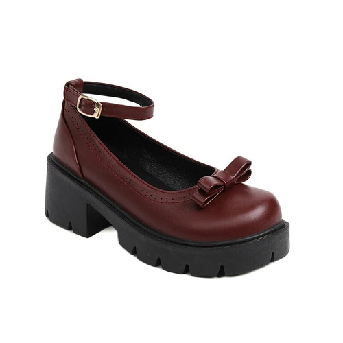 Zapatos de salón Lolita gruesos de tacón bajo Mary Jane con hebilla y punta redonda con moño para mujer - Imagen 8 de 16