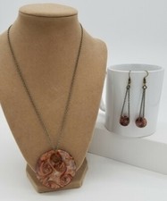 Christmas Gift Set Earrings  Necklace Glass Beads Red Gold Swirl Distress Chain