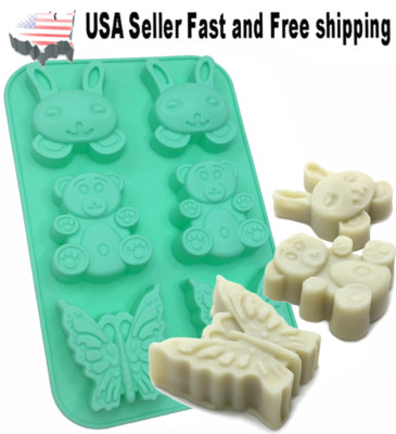 6 Cavity Butterfly Rabbit Bear Shaped Silicone DIY Handmade Soap Mold US Seller