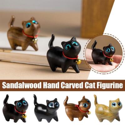 Wooden Cat Sculpture Wood Cat Figurine Miniature Small Kitten Decor' Lucky  K3Y8
