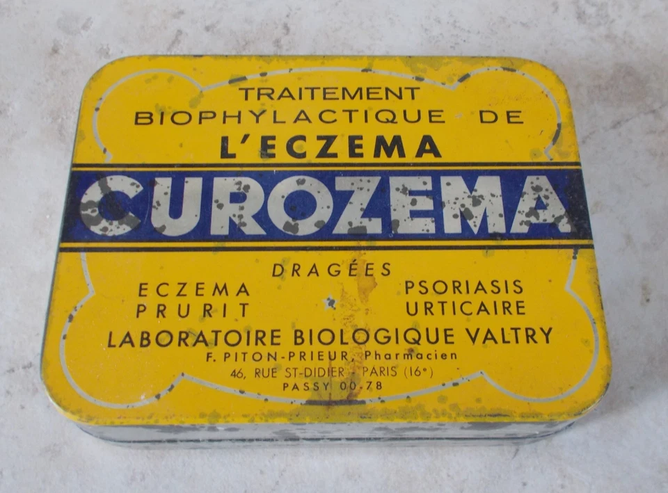 Ancienne Boite métal CUROZEMA Médicament Pharmacie Eczema France jaune - Photo 2/4