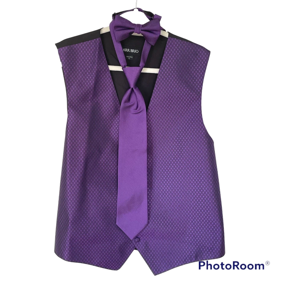 Larr Brio Purple Geo Men's Tuxedo Vest, Tie Bow & Long Tie Wedding Groom Prom L - Image 2 of 4