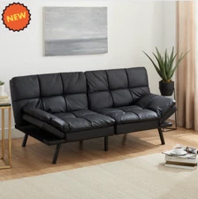 Modern Tufted Faux Leather Split Back Futon Sofa Bed Couch Loveseat Sleeper Blac