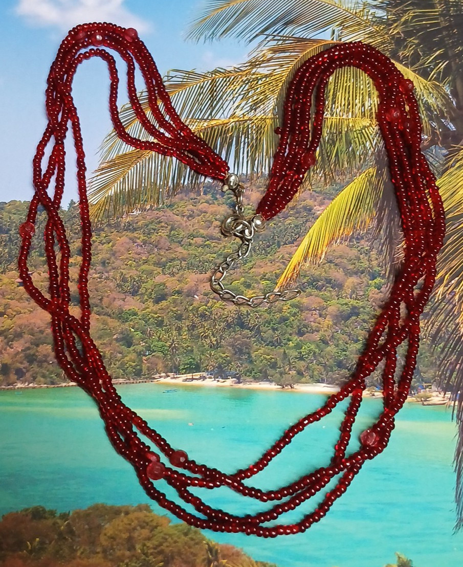 Four Strand Deep Red Glass Seed Bead Necklace with Scattered Faceted Crystals