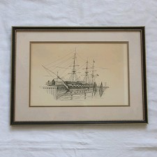 SALE ❀ڿڰۣ❀ CLARK M GOFF Ink Sketched OLD IRONSIDES USS CONSTITUTION Framed PRINT
