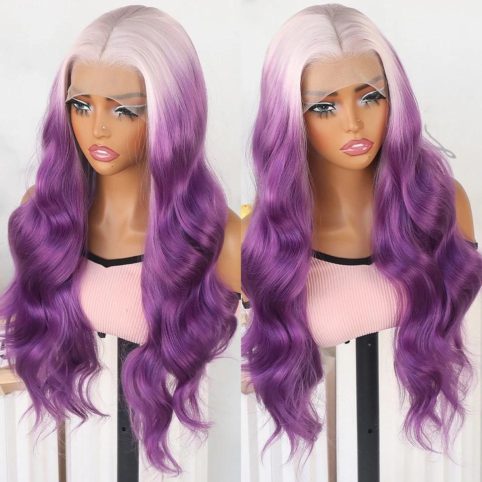 Pelucas delanteras de encaje onduladas para el cuerpo rosa hielo ombre púrpura cabello largo ondulado seguro contra el calor natural Foto 4 de 4