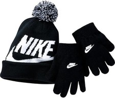 Nike Swoosh Pom Beanie Gloves Set Black Color (8-20) Free Shipping