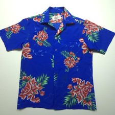 VTG Hilo Hattie Mens Shirt Medium Blue Floral Hawaiian Aloha Camp Casual M
