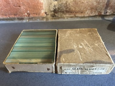 70 Vintage leere Glas Mikroskop Objektträger mit Watson & Glover verpackt geschliffene Kanten