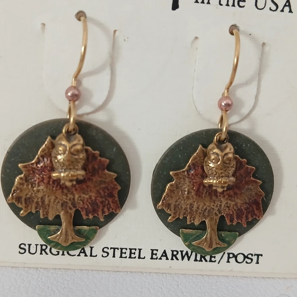 Silver Forest Jewelry Fall Color Layered Shapes Dangle Earrings Tree With Owl - Image 2 of 4