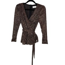Eliza J Size 2 Black Gold Metallic Faux Wrap Top V Neck Tie Waist Holiday Blouse