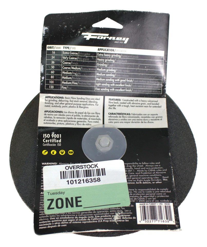 Forney Resin Fibre Sanding Disc 60 Grit x 7in-7/8" Arbor 8500 Max RPM Part 71639 - Image 2 of 4