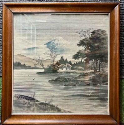 Vintage SILK PAINTING Japanese Landscape - Lake Trees House Mt. Fuji 25  x 26 