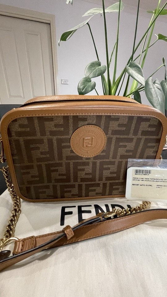 Fendi Zucca FF Brown/Tan Canvas & Leather Camera Crossbody Bag Zip Small