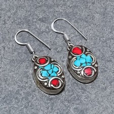 Tibetan Turquoise Red Coral Handmade Gift Jewelry Nepali Earrings 1.50" SR 5025