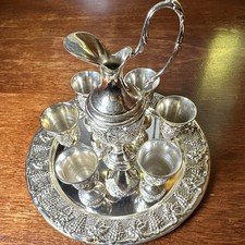 8pc Silver Plated Judaica Kiddush Wine Decanter Set - Pitcher 6 Cups Tray Grape