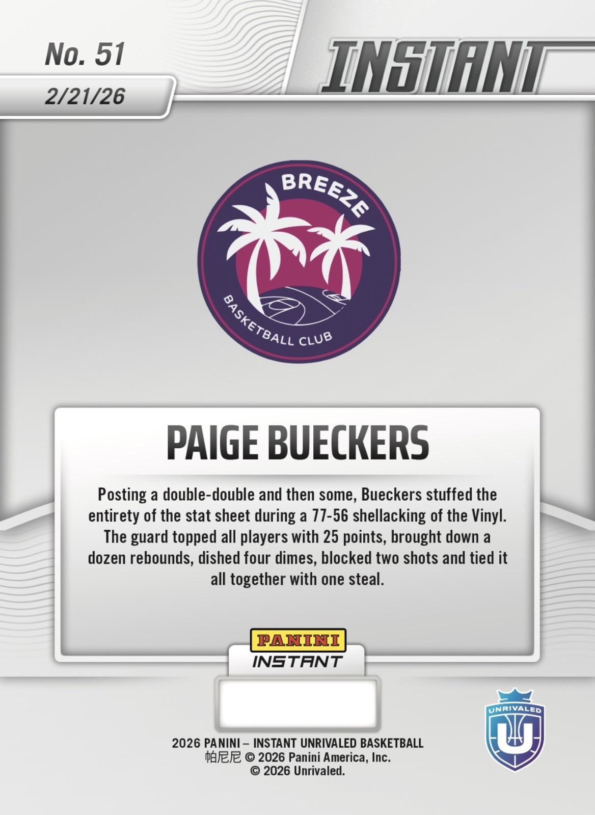 2026 Panini Instant Unrivaled #51 Paige Bueckers   RC, Dallas Wings view 2