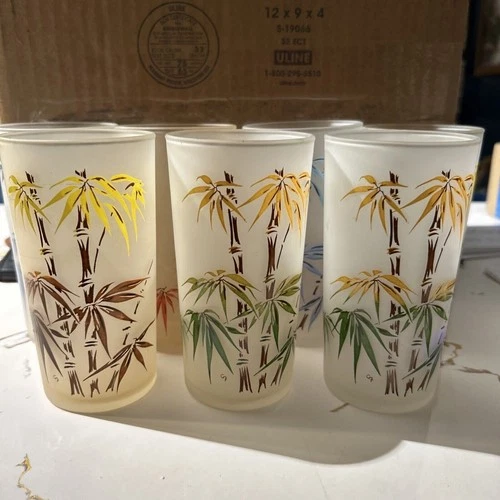 Federal Glass Frosted Bamboo Set Of 7 Glassware Tumbler Vintage Multicolor Lot