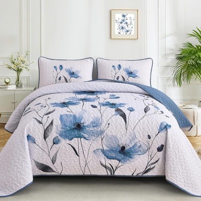 Mybedsoul Floral Quilt Set King Size, 3 Pieces Blue Bedspread Coverlet Set, L...