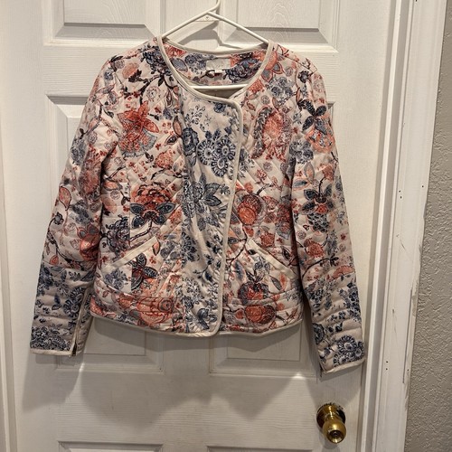 LOFT Floral Print Quilted Moto Jacket sz 8 Long Sleeve Patchwork Lyocell Cottage - Picture 2 of 10